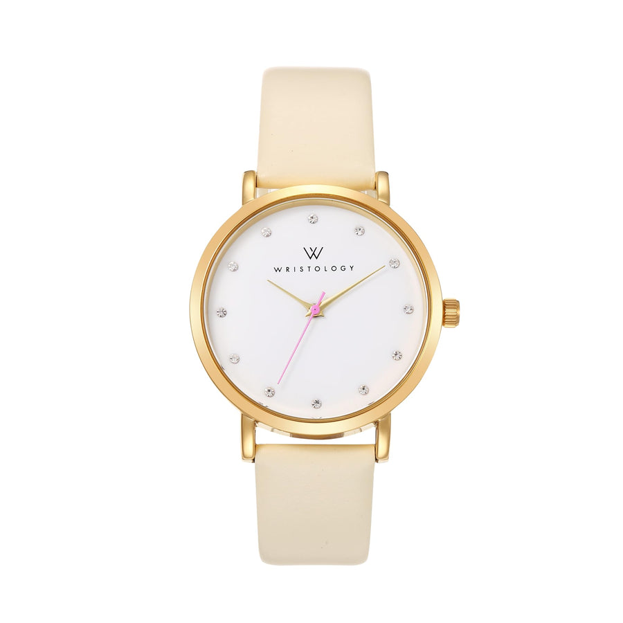 Olivia Crystal Watch in Gold with Beige leather band, 38mm