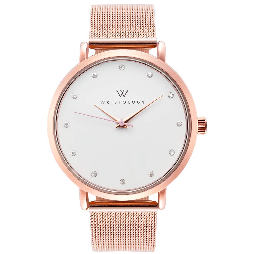 Olivia Crystal Watch in Rose Gold with Rose Gold metal mesh band, 38mm