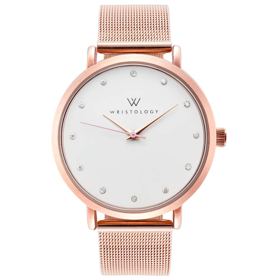 Olivia Crystal Watch in Rose Gold with Rose Gold metal mesh band, 38mm