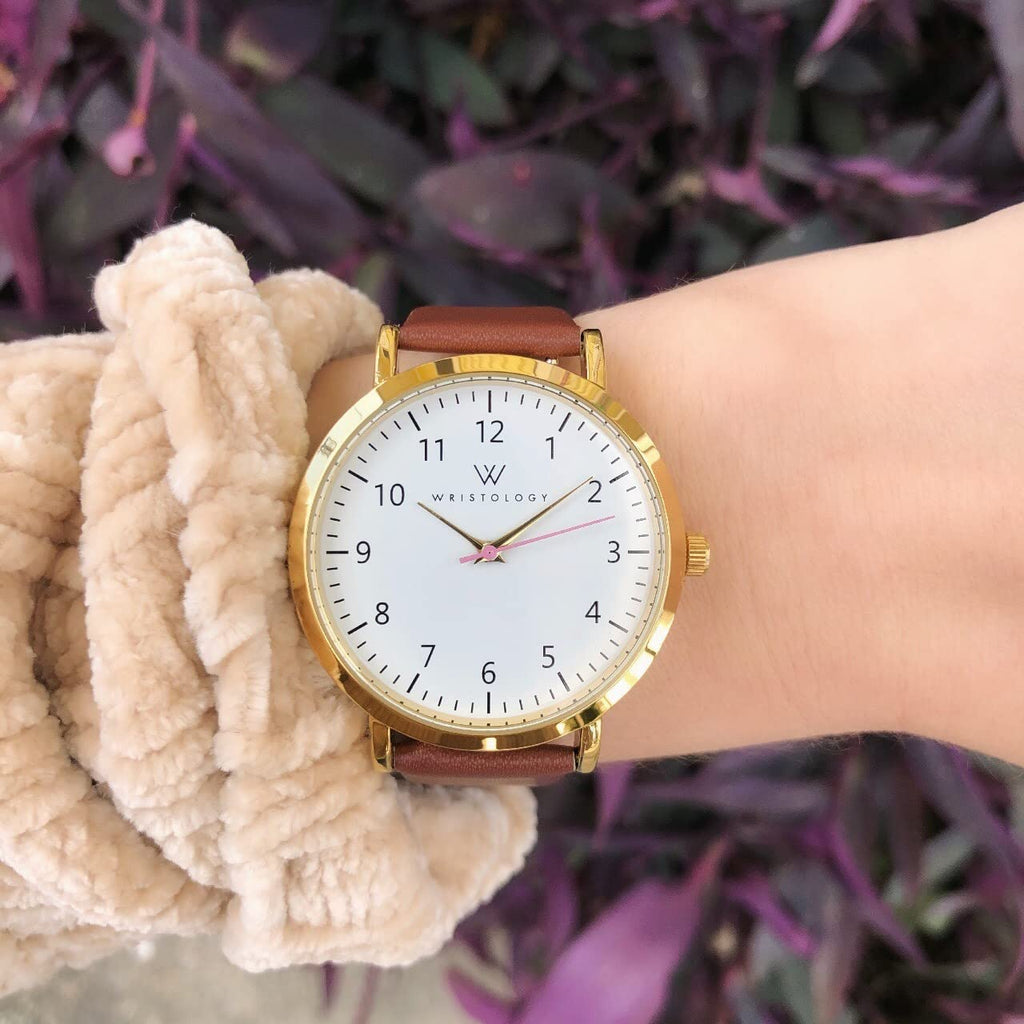 Olivia Numbers Leather Watch in Gold with Brown leather band, 38mm