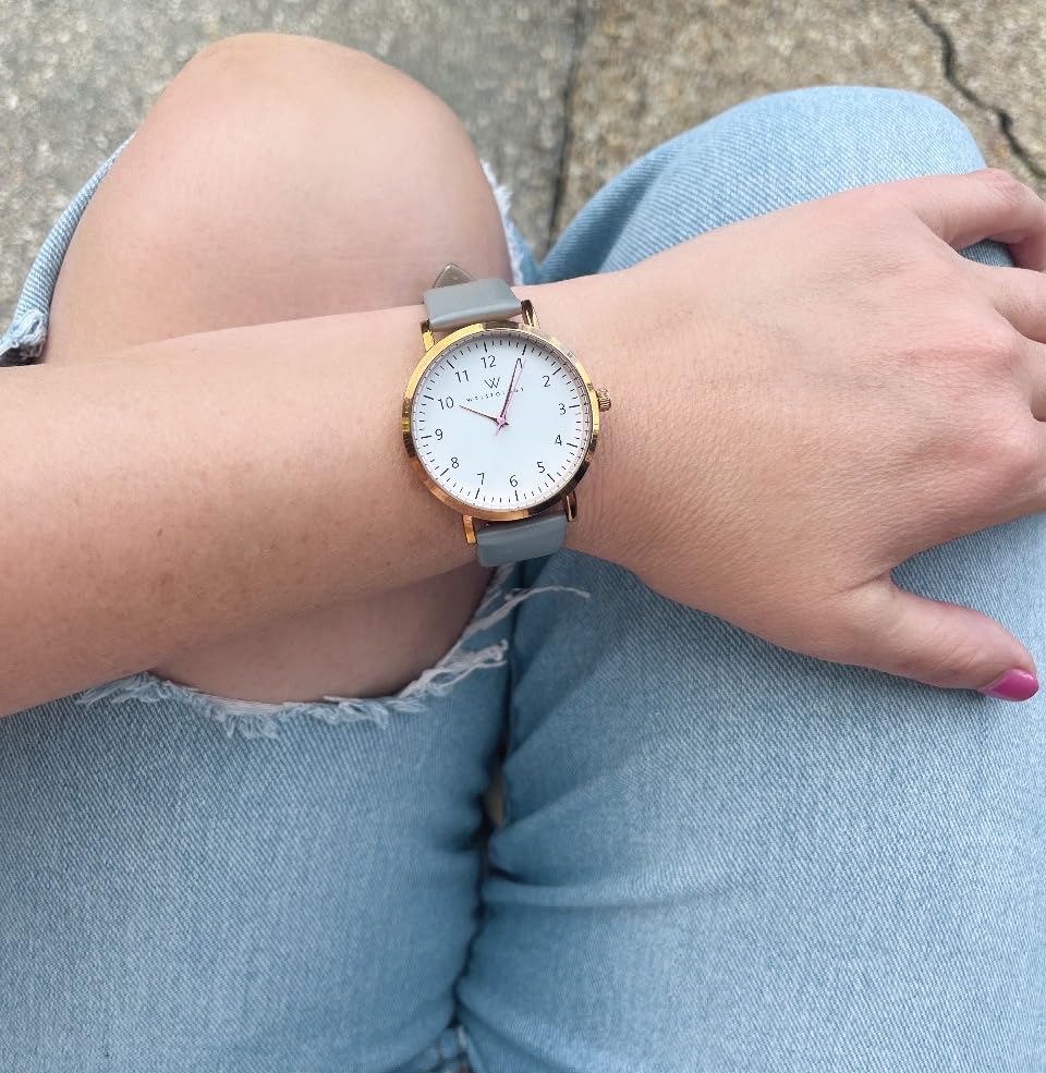Olivia Numbers Leather Watch in Rose Gold with Grey leather band, 38mm
