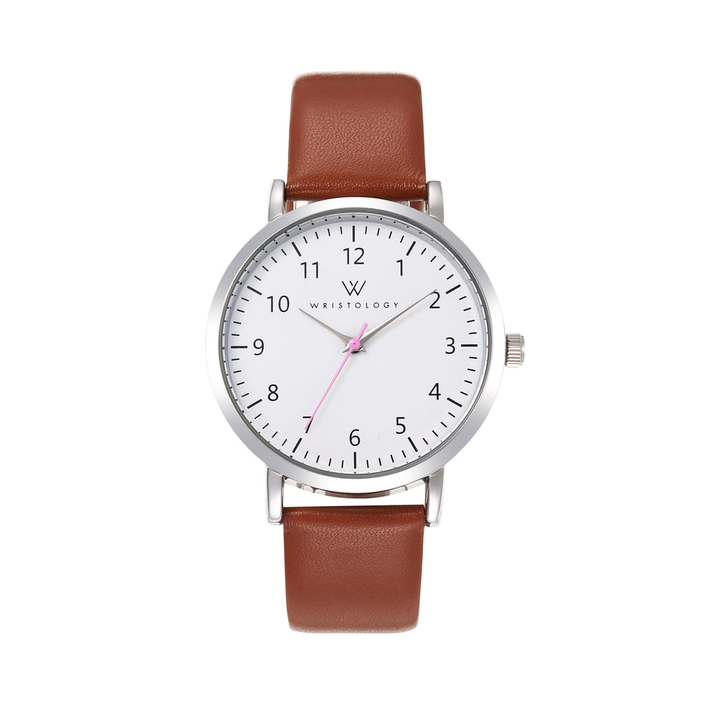 Olivia Numbers Leather Watch in Silver with Brown leather band, 38mm