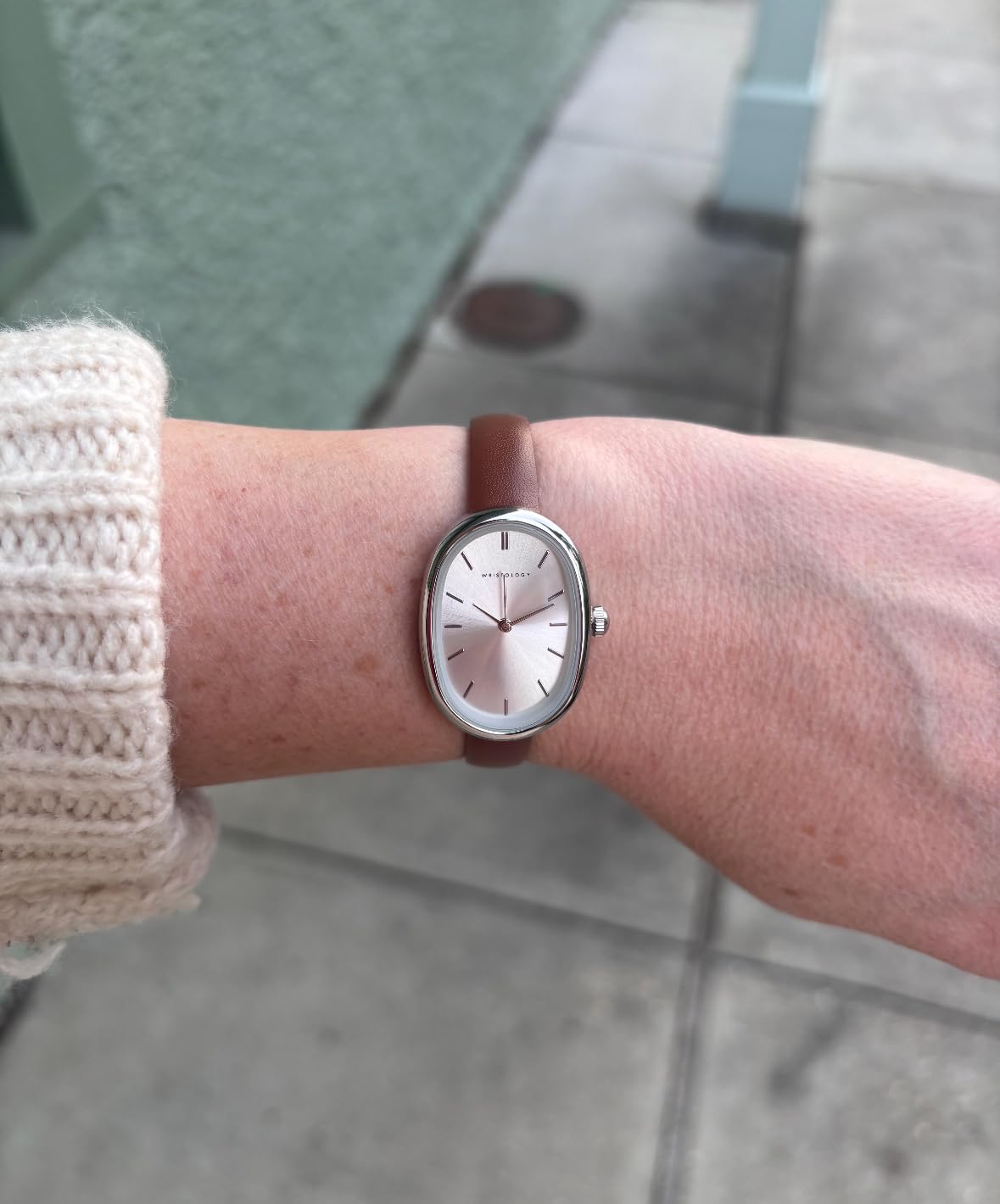 Michelle Oval Watch in Silver with Brown leather band, 24mm
