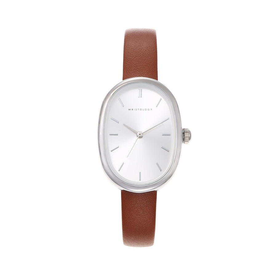 Michelle Oval Watch in Silver with Brown leather band, 24mm