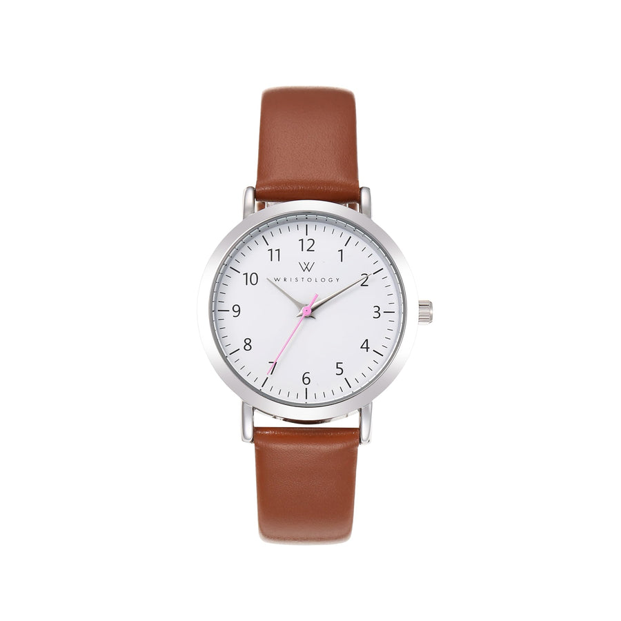 Olivia Numbers Leather Watch in Silver with Brown leather band, 34mm
