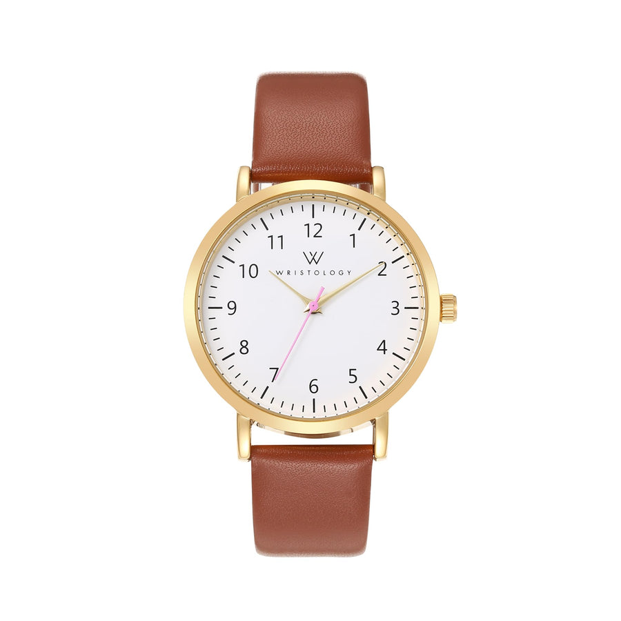 Olivia Numbers Leather Watch in Gold with Brown leather band, 38mm