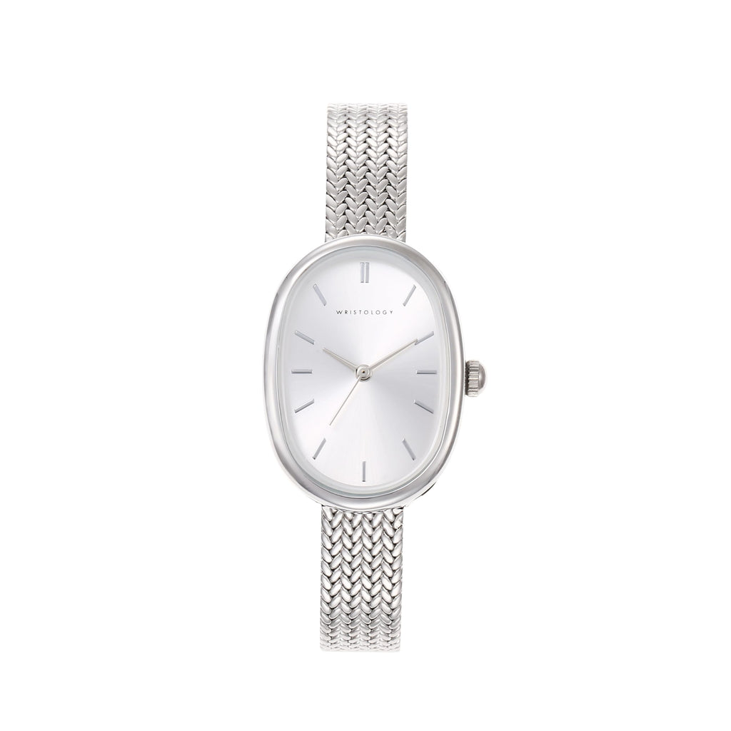 Michelle Oval Watch in Silver with Silver metal mesh band, 24mm