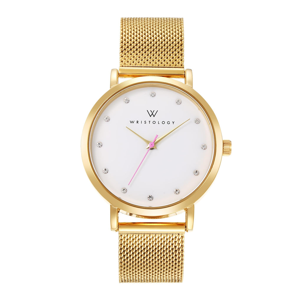 Olivia Crystal Watch in Gold with Gold metal mesh band, 38mm