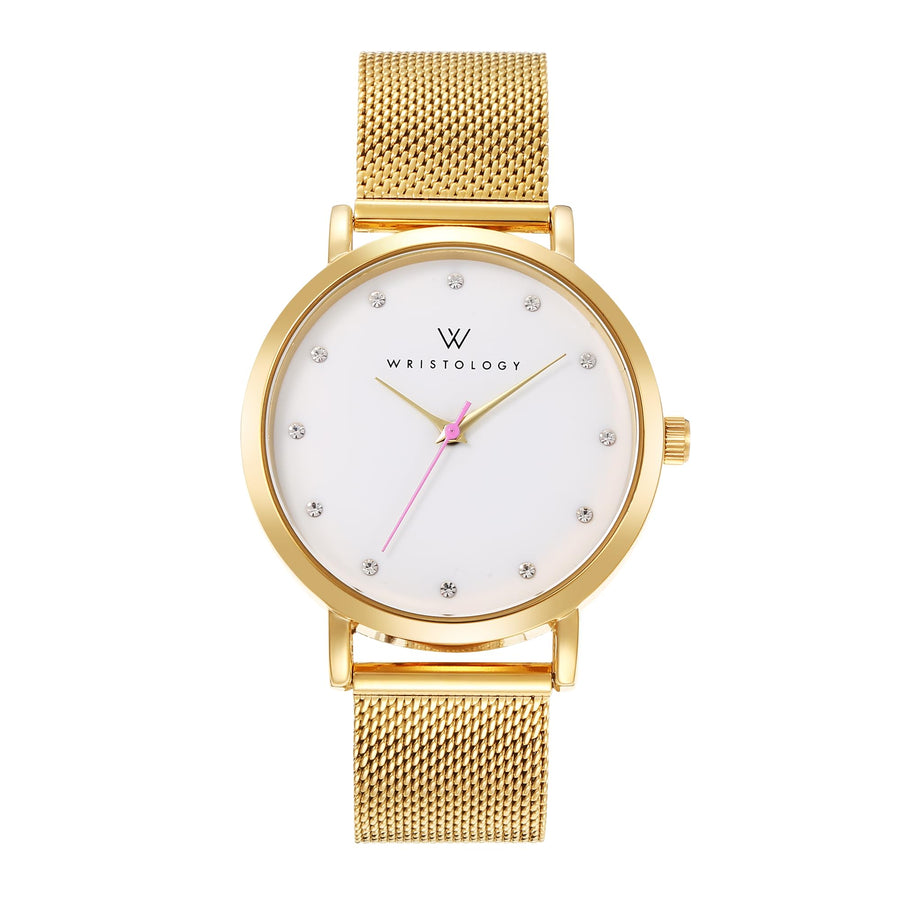 Olivia Crystal Watch in Gold with Gold metal mesh band, 38mm