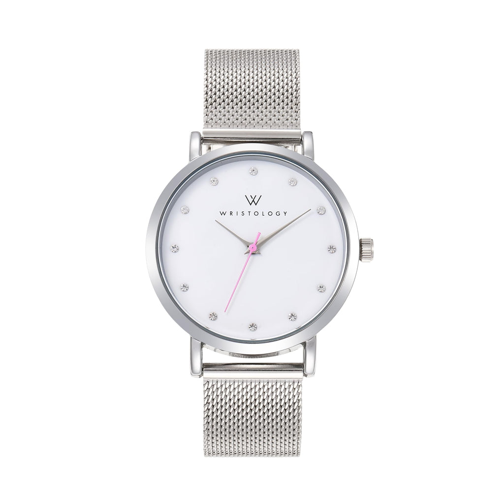 Olivia Crystal Watch in Silver with Silver metal mesh band, 38mm