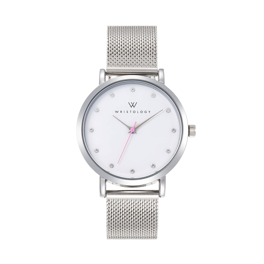 Olivia Crystal Watch in Silver with Silver metal mesh band, 38mm