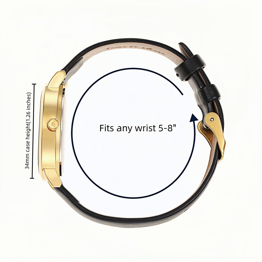 Olivia Crystal Watch in Gold with Black leather band, 34mm