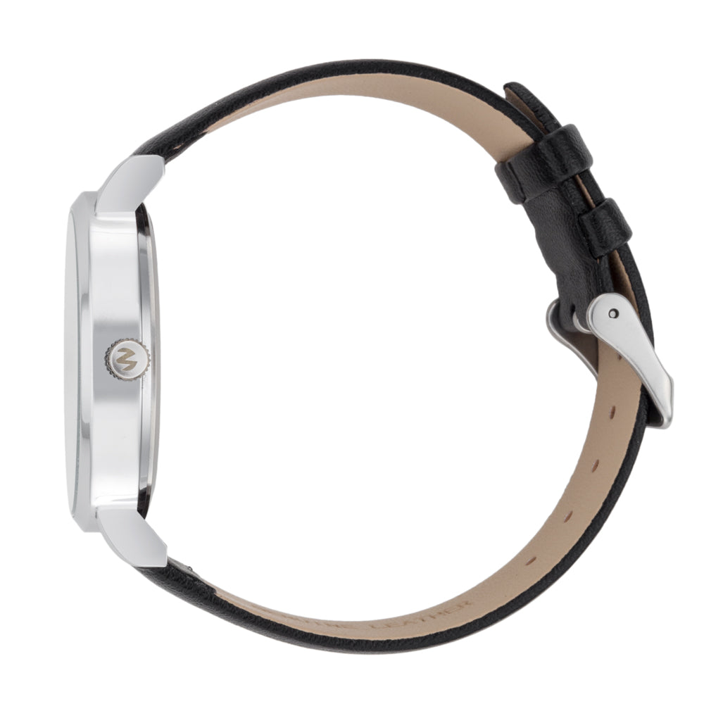 Olivia Silver Crystal Black Leather Watch