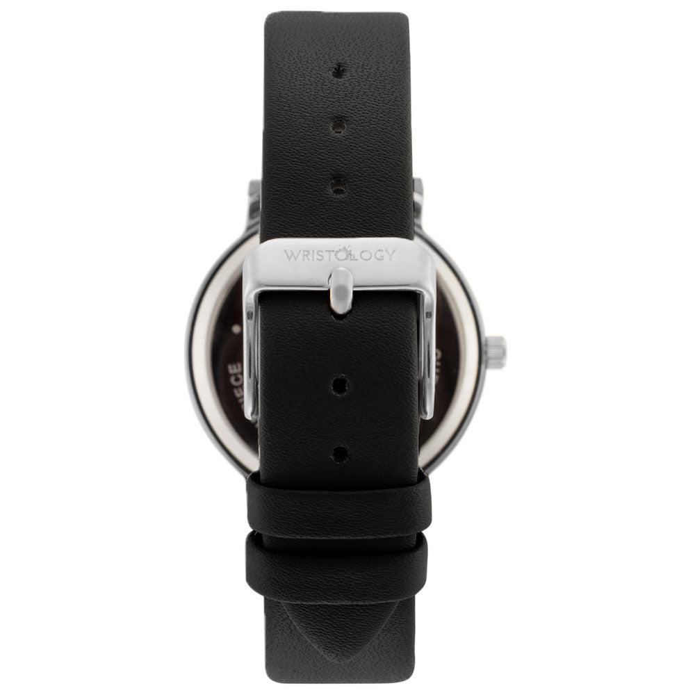 Olivia Silver Crystal Black Leather Watch