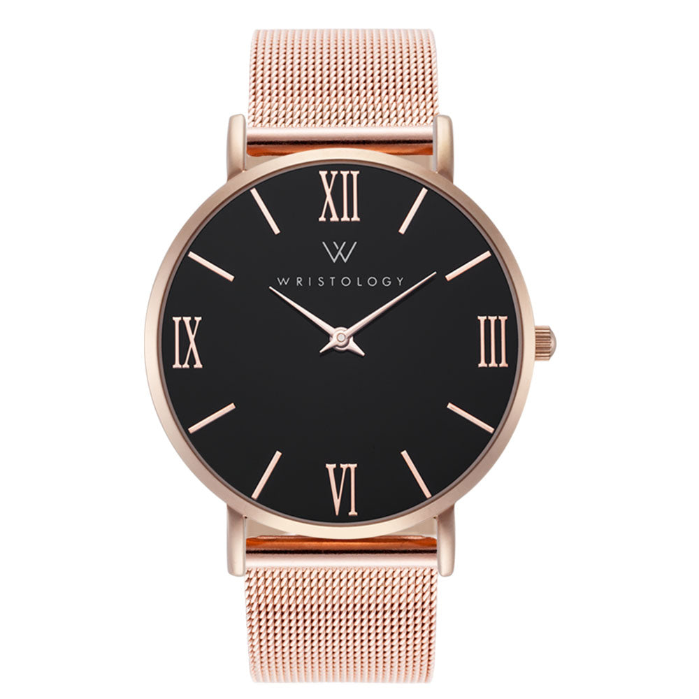 Stella Rose Gold Black Dial Roman Numeral Mesh Watch