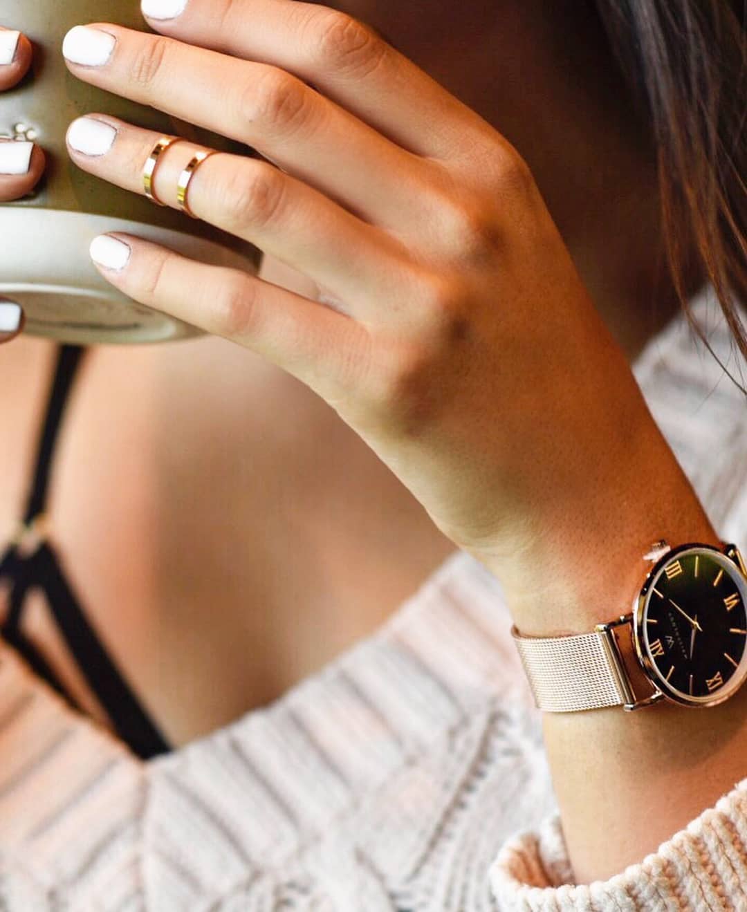 Stella Rose Gold Black Dial Roman Numeral Mesh Watch