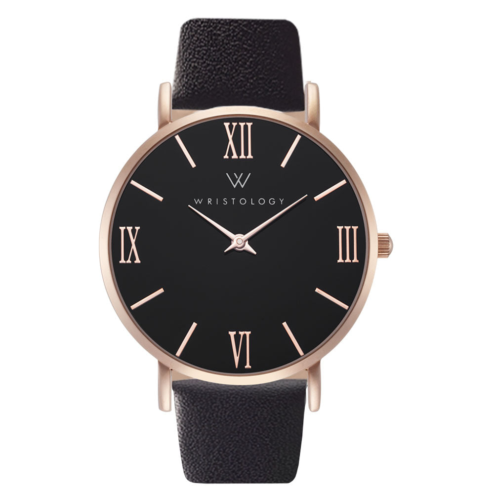 Stella Rose Gold Black Dial Roman Numeral Leather Watch
