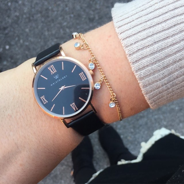 Stella Rose Gold Black Dial Roman Numeral Leather Watch