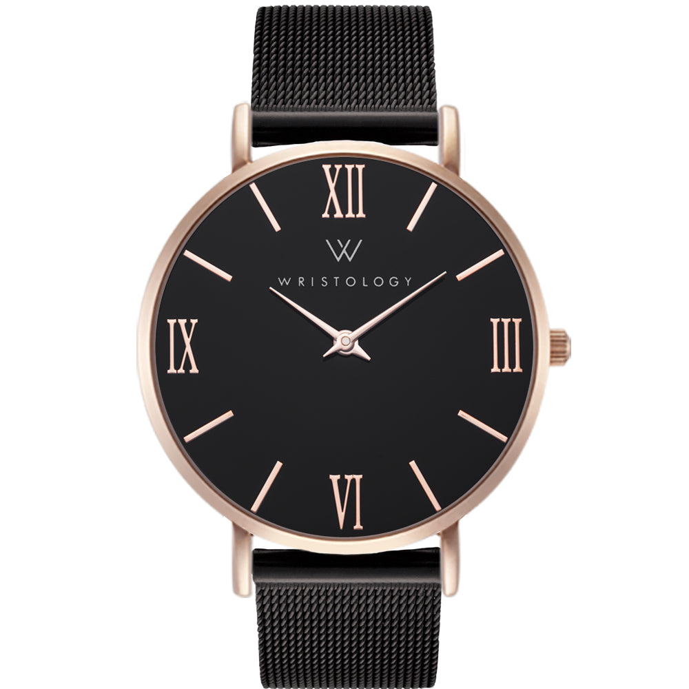 Stella Rose Gold Black Dial Roman Numeral Mesh Watch